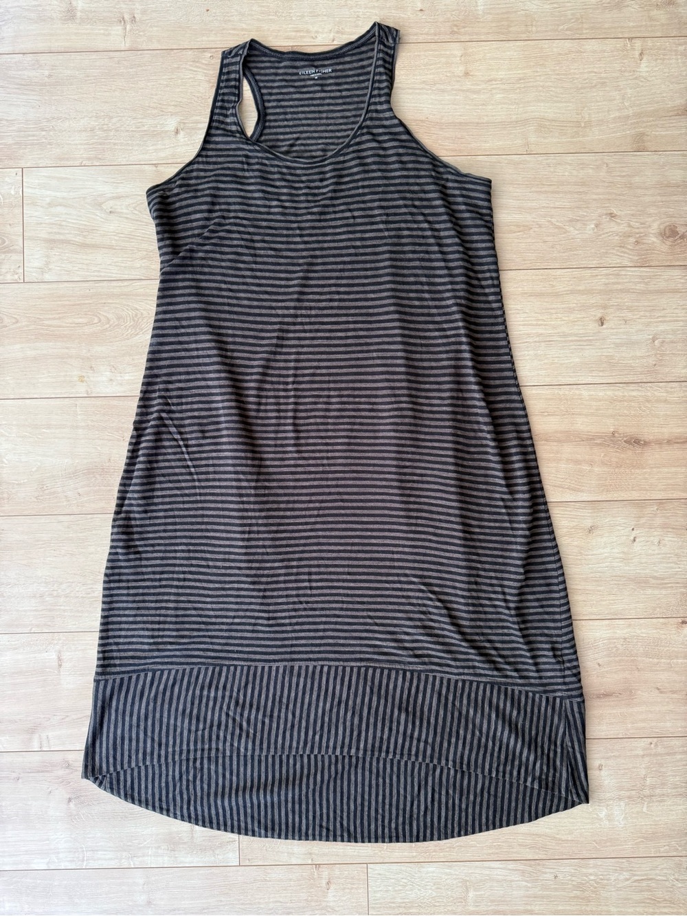 Eileen Fisher Black Gray Stripe 100% Linen High Low Midi Tank Dress M